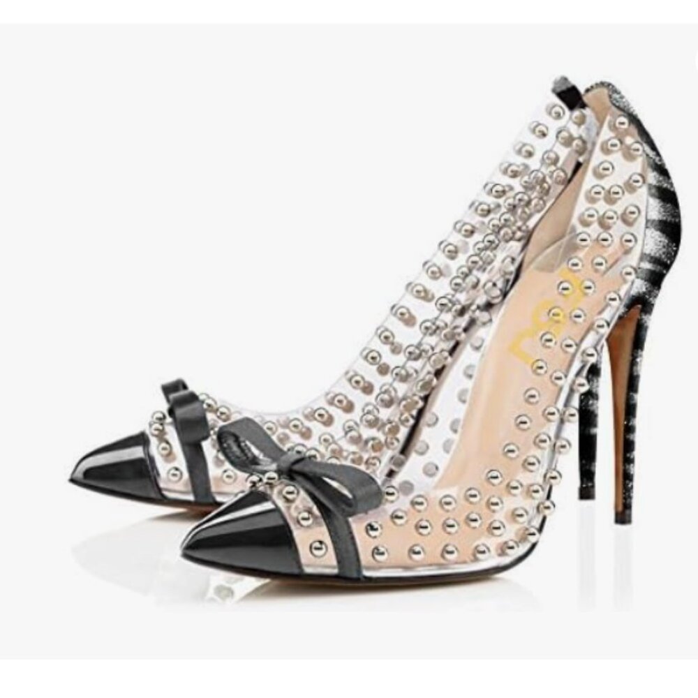 FSJ Zebra Studded Pointed Toe Transparent Pumps High Heel with Cute Bowknot